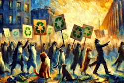 Dall·e 2024 05 14 09 27 53 A Dramatic Impressionist Painting Of Dogs And Cats Protesting The Animals Are Depicted Holding Signs With Recycling Symbols On Them The Scene Captur