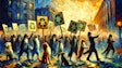 Dall·e 2024 05 14 09 27 53 A Dramatic Impressionist Painting Of Dogs And Cats Protesting The Animals Are Depicted Holding Signs With Recycling Symbols On Them The Scene Captur