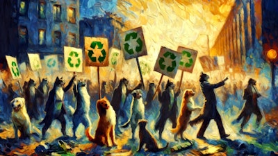 Dall·e 2024 05 14 09 27 53 A Dramatic Impressionist Painting Of Dogs And Cats Protesting The Animals Are Depicted Holding Signs With Recycling Symbols On Them The Scene Captur