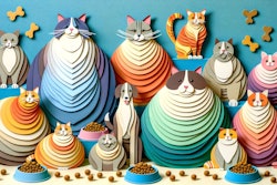 Dall·e 2024 05 17 09 08 38 A Layered Paper Image Featuring Obese And Overweight Cats And Dogs Along With Bowls Of Kibble The Scene Shows A Variety Of Chubby Pets, Including Rou