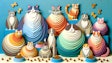 Dall·e 2024 05 17 09 08 38 A Layered Paper Image Featuring Obese And Overweight Cats And Dogs Along With Bowls Of Kibble The Scene Shows A Variety Of Chubby Pets, Including Rou