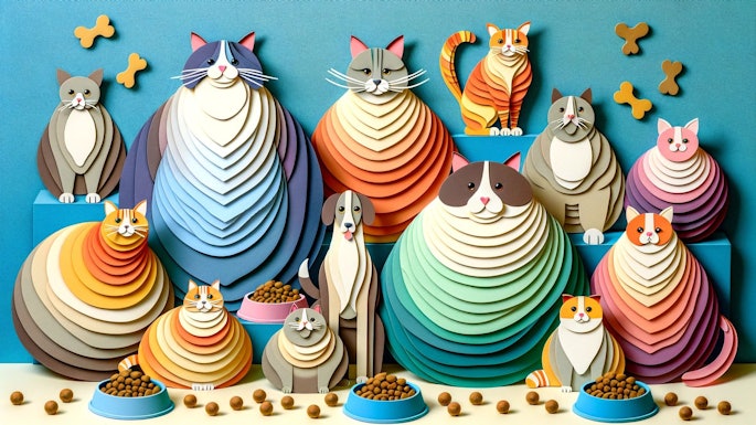 Dall·e 2024 05 17 09 08 38 A Layered Paper Image Featuring Obese And Overweight Cats And Dogs Along With Bowls Of Kibble The Scene Shows A Variety Of Chubby Pets, Including Rou