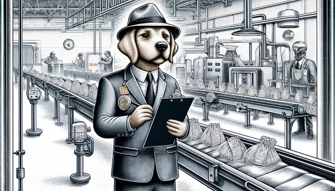 Dall·e 2024 05 20 08 50 01 A Detailed And Whimsical Illustration Of A Dog Dressed As A Federal Inspector The Dog Is Wearing A Suit, Tie, And A Hat With A Badge It Is Examining