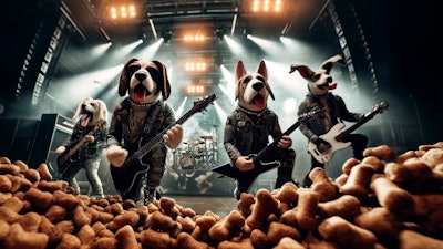 Dall·e 2024 05 20 11 39 10 A Low Angle View, Slightly Blurred Photo Of A Heavy Metal Band With Anthropomorphic Dogs As Band Members The Dogs Are Dressed In Heavy Metal Attire,