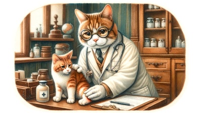 Dall·e 2024 05 20 15 36 16 A Nostalgic Watercolor Painting Of A Cat Dressed As A Doctor From The 1930s The Cat Doctor Is Wearing A Vintage White Coat And Round Glasses, Treatin