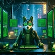 Dall·e 2024 05 21 06 51 15 A Cyberpunk Cgi Image Of An Anthropomorphic Dog Sitting At A Bank Of Computer Screens In A Dystopian Future The Dog Is Wearing Futuristic Clothing An