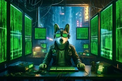 Dall·e 2024 05 21 06 51 15 A Cyberpunk Cgi Image Of An Anthropomorphic Dog Sitting At A Bank Of Computer Screens In A Dystopian Future The Dog Is Wearing Futuristic Clothing An