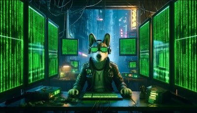 Dall·e 2024 05 21 06 51 15 A Cyberpunk Cgi Image Of An Anthropomorphic Dog Sitting At A Bank Of Computer Screens In A Dystopian Future The Dog Is Wearing Futuristic Clothing An
