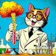 Dall·e 2024 05 21 08 21 05 A Kitschy 1960s Comic Book Style Image Of An Anthropomorphic Cat Scientist Making A Discovery The Cat Should Be Wearing A Lab Coat And Glasses, Holdi