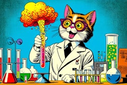 Dall·e 2024 05 21 08 21 05 A Kitschy 1960s Comic Book Style Image Of An Anthropomorphic Cat Scientist Making A Discovery The Cat Should Be Wearing A Lab Coat And Glasses, Holdi