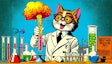 Dall·e 2024 05 21 08 21 05 A Kitschy 1960s Comic Book Style Image Of An Anthropomorphic Cat Scientist Making A Discovery The Cat Should Be Wearing A Lab Coat And Glasses, Holdi