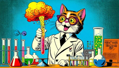 Dall·e 2024 05 21 08 21 05 A Kitschy 1960s Comic Book Style Image Of An Anthropomorphic Cat Scientist Making A Discovery The Cat Should Be Wearing A Lab Coat And Glasses, Holdi