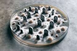 Dall·e 2024 05 31 09 14 03 A Cgi Rendering Of A Petri Dish Containing Tombstones The Dish Shows Patches Of Dead And Dried Up Bacteria The Tombstones Are Scattered Throughout T