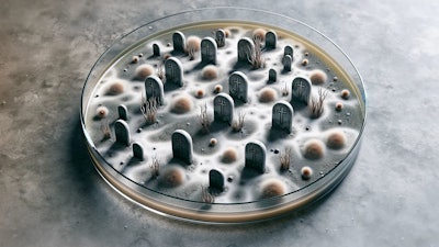 Dall·e 2024 05 31 09 14 03 A Cgi Rendering Of A Petri Dish Containing Tombstones The Dish Shows Patches Of Dead And Dried Up Bacteria The Tombstones Are Scattered Throughout T