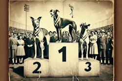 Dall·e 2024 05 10 10 00 30 A 1950s Style Black And White Newspaper Photo Depicting Three Dogs Standing On Winners' Podiums After A Race The Tallest Podium In The Center Holds T