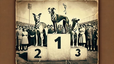 Dall·e 2024 05 10 10 00 30 A 1950s Style Black And White Newspaper Photo Depicting Three Dogs Standing On Winners' Podiums After A Race The Tallest Podium In The Center Holds T