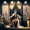Dall·e 2024 05 10 10 04 49 A Gothic Art Style Painting Depicting A Cat King And Dog Queen Holding Court The Scene Is Set In A Grand Medieval Throne Room With High Arched Window