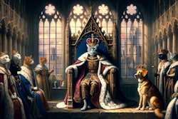 Dall·e 2024 05 10 10 04 49 A Gothic Art Style Painting Depicting A Cat King And Dog Queen Holding Court The Scene Is Set In A Grand Medieval Throne Room With High Arched Window