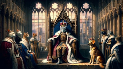 Dall·e 2024 05 10 10 04 49 A Gothic Art Style Painting Depicting A Cat King And Dog Queen Holding Court The Scene Is Set In A Grand Medieval Throne Room With High Arched Window