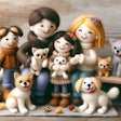 Dall·e 2024 05 16 11 33 01 A Needle Felting Scene Depicting A Happy Family With Three Dogs And Two Cats The Family Should Include Parents And Children, All Made In A Soft And W