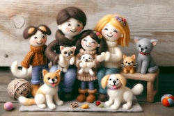 Dall·e 2024 05 16 11 33 01 A Needle Felting Scene Depicting A Happy Family With Three Dogs And Two Cats The Family Should Include Parents And Children, All Made In A Soft And W