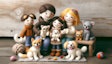 Dall·e 2024 05 16 11 33 01 A Needle Felting Scene Depicting A Happy Family With Three Dogs And Two Cats The Family Should Include Parents And Children, All Made In A Soft And W