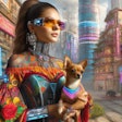 Dall·e 2024 05 28 11 31 37 A Latino Futurist Image Of A Woman Holding A Small Dog The Woman Has A Blend Of Traditional And Futuristic Elements In Her Appearance, Such As A Vibr