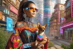 Dall·e 2024 05 28 11 31 37 A Latino Futurist Image Of A Woman Holding A Small Dog The Woman Has A Blend Of Traditional And Futuristic Elements In Her Appearance, Such As A Vibr