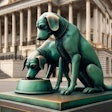 Dall·e 2024 06 03 15 45 33 A Realistic Copper Statue Of Two Dogs Eating From A Bowl The Statue Is Oxidized, Showing The Characteristic Greenish Patina It Sits In Front Of A Gr