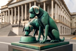 Dall·e 2024 06 03 15 45 33 A Realistic Copper Statue Of Two Dogs Eating From A Bowl The Statue Is Oxidized, Showing The Characteristic Greenish Patina It Sits In Front Of A Gr