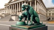 Dall·e 2024 06 03 15 45 33 A Realistic Copper Statue Of Two Dogs Eating From A Bowl The Statue Is Oxidized, Showing The Characteristic Greenish Patina It Sits In Front Of A Gr
