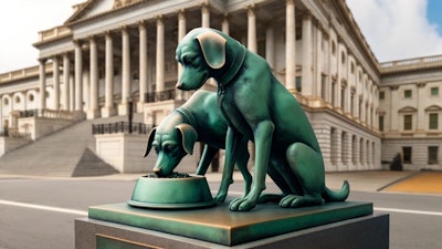 Dall·e 2024 06 03 15 45 33 A Realistic Copper Statue Of Two Dogs Eating From A Bowl The Statue Is Oxidized, Showing The Characteristic Greenish Patina It Sits In Front Of A Gr