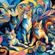 Dall·e 2024 06 04 09 18 59 An Image In The Style Of Der Blaue Reiter, Featuring Three Cats And Two Dogs The Scene Should Be Vibrant And Abstract, With Bold, Expressive Brushstr