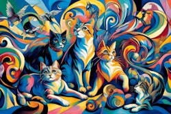 Dall·e 2024 06 04 09 18 59 An Image In The Style Of Der Blaue Reiter, Featuring Three Cats And Two Dogs The Scene Should Be Vibrant And Abstract, With Bold, Expressive Brushstr