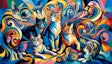 Dall·e 2024 06 04 09 18 59 An Image In The Style Of Der Blaue Reiter, Featuring Three Cats And Two Dogs The Scene Should Be Vibrant And Abstract, With Bold, Expressive Brushstr