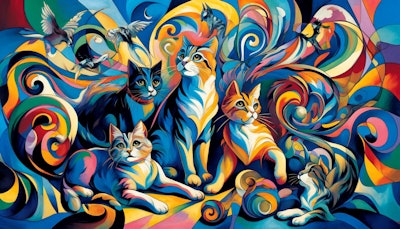 Dall·e 2024 06 04 09 18 59 An Image In The Style Of Der Blaue Reiter, Featuring Three Cats And Two Dogs The Scene Should Be Vibrant And Abstract, With Bold, Expressive Brushstr