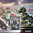 Dall·e 2024 06 19 09 59 42 A Bonsai Topiary Shaped Like A Dog, Sitting In Front Of A Japanese City Skyline Blurred By Bokeh The Bonsai Should Have Intricate, Detailed Leaves An