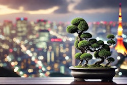 Dall·e 2024 06 19 09 59 42 A Bonsai Topiary Shaped Like A Dog, Sitting In Front Of A Japanese City Skyline Blurred By Bokeh The Bonsai Should Have Intricate, Detailed Leaves An