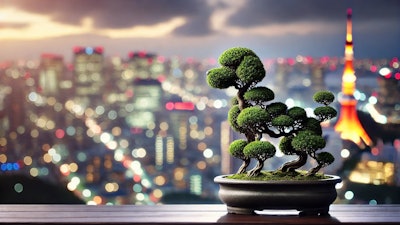 Dall·e 2024 06 19 09 59 42 A Bonsai Topiary Shaped Like A Dog, Sitting In Front Of A Japanese City Skyline Blurred By Bokeh The Bonsai Should Have Intricate, Detailed Leaves An