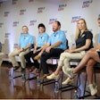 AgriTalk host Chip Flory (left) moderated a policy panel on pork priorities at World Pork Expo in Des Moines. NPPC panelists included (from left): Bryan Humphreys, CEO; Lori Stevermer, president; Chase Adams, assistant vice president of domestic policy; Maria C. Zieba, vice president of government affairs; and Dr. Anna Forseth, director of animal health.