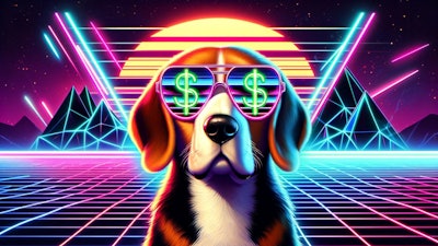 Dall·e 2024 05 09 10 08 21 A Synthwave Style Image Featuring A Beagle Wearing Sunglasses With Dollar Signs Reflected In Them The Beagle Is Depicted With A Cool, Confident Pose