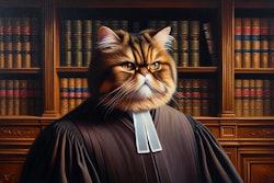 Dall·e 2024 06 04 09 08 52 A Stately Oil Painting Portrait In Rich Tones Of An American Supreme Court Justice Who Is A Female Persian Cat The Judge Is Seated In Her Chambers, E