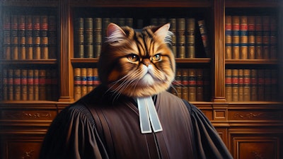 Dall·e 2024 06 04 09 08 52 A Stately Oil Painting Portrait In Rich Tones Of An American Supreme Court Justice Who Is A Female Persian Cat The Judge Is Seated In Her Chambers, E