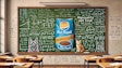 Dall·e 2024 07 08 12 27 05 A College Chalkboard With An Advertisement For Pet Food Plastered On It The Chalkboard Is Filled With Handwritten Notes And Equations Typical Of A Cl