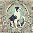 Dall·e 2024 07 10 12 30 17 An Art Nouveau Style Illustration Of A Dog In A Grocery Store The Dog Is Elegantly Posed, Surrounded By Shelves Filled With Various Groceries And Pet