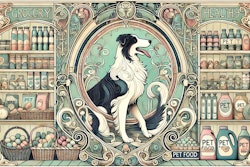 Dall·e 2024 07 10 12 30 17 An Art Nouveau Style Illustration Of A Dog In A Grocery Store The Dog Is Elegantly Posed, Surrounded By Shelves Filled With Various Groceries And Pet