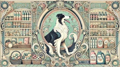 Dall·e 2024 07 10 12 30 17 An Art Nouveau Style Illustration Of A Dog In A Grocery Store The Dog Is Elegantly Posed, Surrounded By Shelves Filled With Various Groceries And Pet