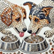 Dall·e 2024 07 16 14 02 42 A Detailed Mosaic Created From Various Coins Forming The Image Of Dogs Eating From Silver Bowls The Mosaic Should Be Intricate, With Different Sizes