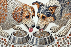 Dall·e 2024 07 16 14 02 42 A Detailed Mosaic Created From Various Coins Forming The Image Of Dogs Eating From Silver Bowls The Mosaic Should Be Intricate, With Different Sizes