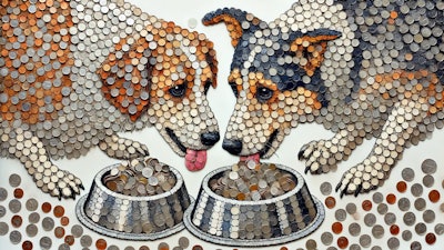 Dall·e 2024 07 16 14 02 42 A Detailed Mosaic Created From Various Coins Forming The Image Of Dogs Eating From Silver Bowls The Mosaic Should Be Intricate, With Different Sizes